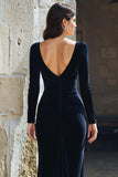 Navy V-Neck Mermaid Velvet Long Mother of the Bride Dress with Sleeves