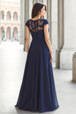 Navy Chiffon A-Line Boat Neck Long Mother of the Bride Dress with Appliques