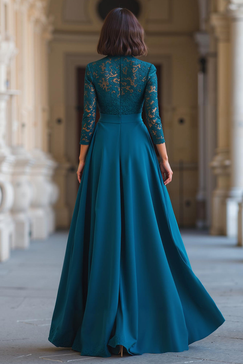 teal formal dress with sleeves Trendy Ink Blue Long Sleeves Lace Appliques Slit V-neck Evening Gown J