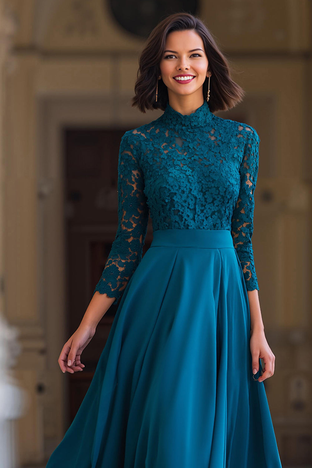 Zapakasa Women Peacock Blue Chiffon A-Line Long Mother of the Bride Dress with Lace High Neck Long Sleeves Wedding Guest Dress Zapakasa Women Peacock Blue Chiffon A-Line Long Mother of the Bride Dress with Lace High Neck Long Sleeves Wedding Guest Dress