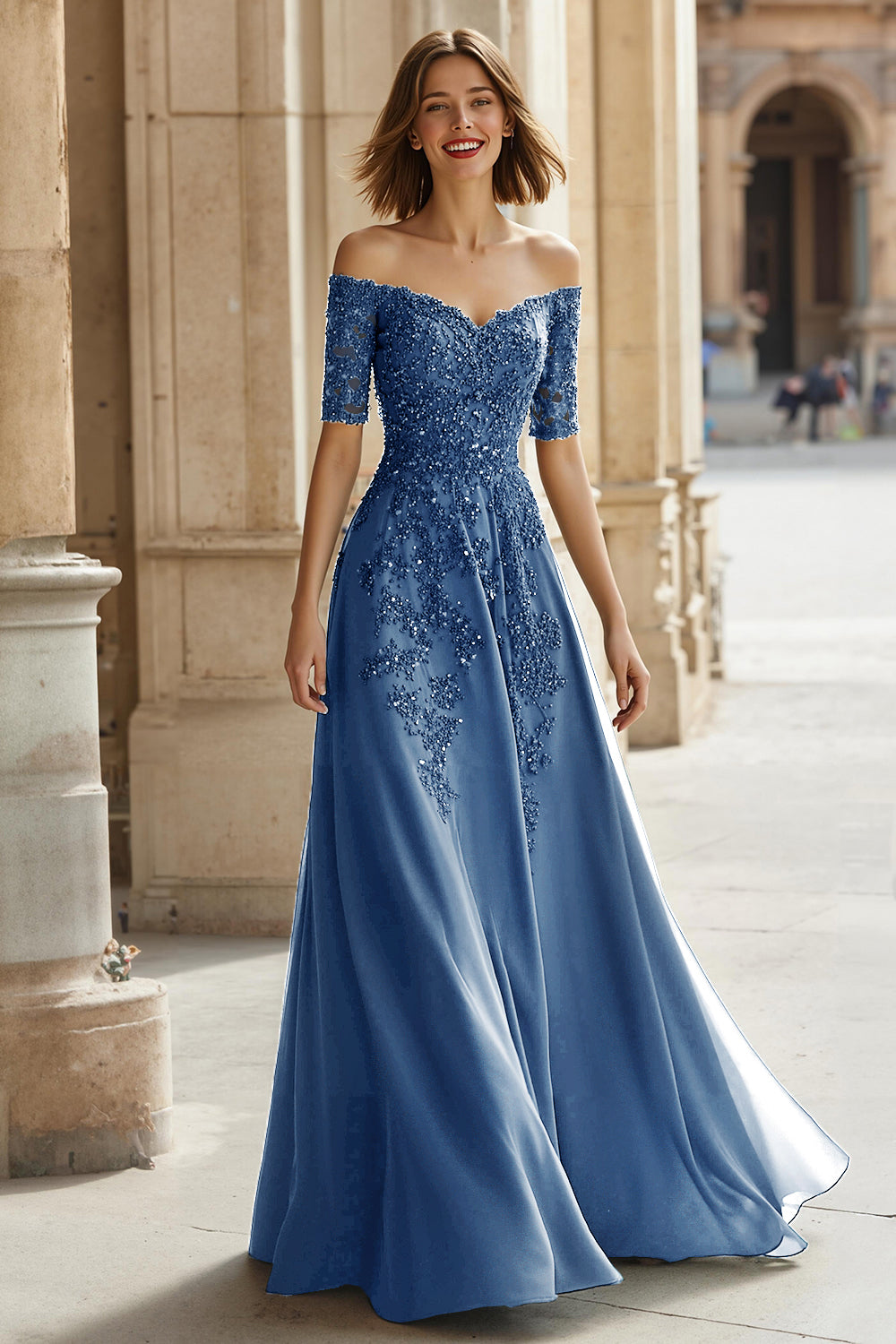 Sparkly Pine Green Chiffon Long Mother of the Bride Dress with Beading Off the Shoulder A-Line Short Sleeves Appliqued Wedding Guest Dress