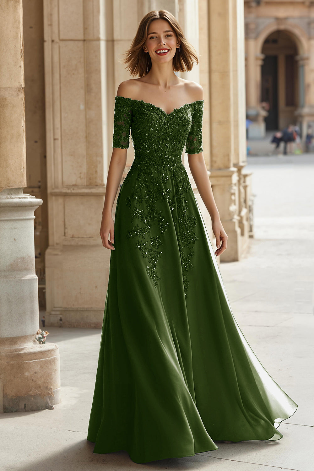 Sparkly Pine Green Chiffon Long Mother of the Bride Dress with Beading Off the Shoulder A-Line Short Sleeves Appliqued Wedding Guest Dress