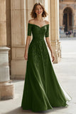 Sparkly Pine Green Chiffon Long Mother of the Bride Dress with Beading Off the Shoulder A-Line Short Sleeves Appliqued Wedding Guest Dress