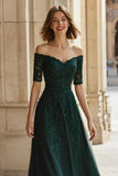 Pine Green Off the Shoulder Chiffon A-Line Long Mother of the Bride Dress with Beading