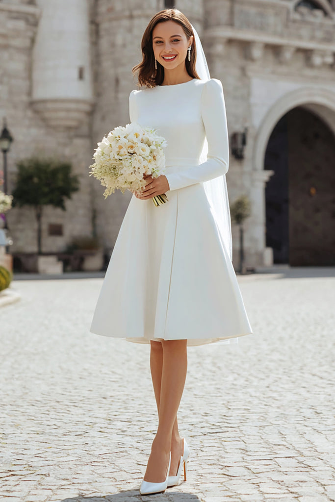 Zapakasa Women Ivory Satin Short Wedding Dress A Line Long Sleeves