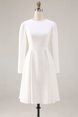 Ivory Satin A Line Round Neck Short Wedding Dress with Sleeves