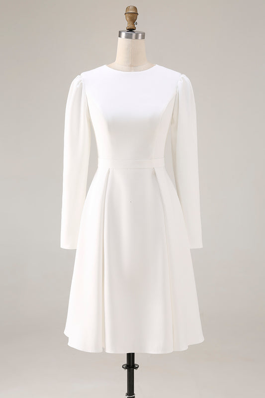 Ivory Satin A Line Round Neck Short Wedding Dress with Sleeves