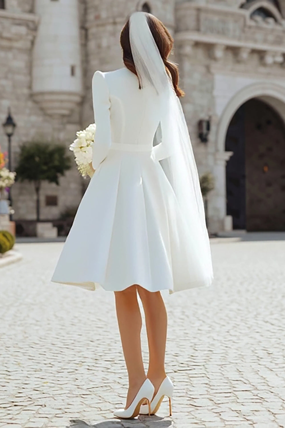 Zapakasa Women Ivory Short Wedding Dress Satin A Line Long Sleeves Round Neck Bridal Shower Dress Zapakasa Women Ivory Short Wedding Dress Satin A Line Long Sleeves Round Neck Bridal Shower Dress