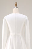 Ivory Satin A Line Round Neck Short Wedding Dress with Sleeves