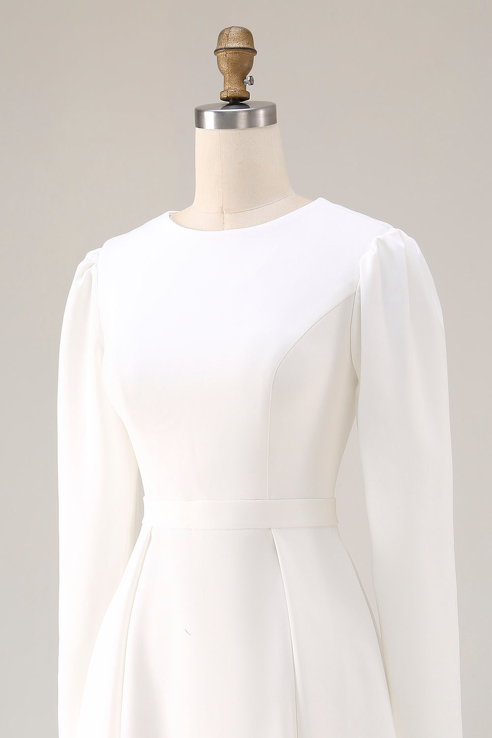 Ivory Satin A Line Round Neck Short Wedding Dress with Sleeves