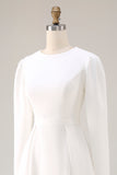 Ivory Satin A Line Round Neck Short Wedding Dress with Sleeves