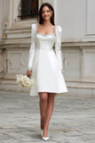 Sparkly Ivory A Line Satin Short Wedding Dress with Sleeves