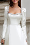 Sparkly Ivory A Line Satin Short Wedding Dress with Sleeves