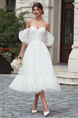 Ivory Tulle A Line Off the Shoulder Midi Wedding Dress
