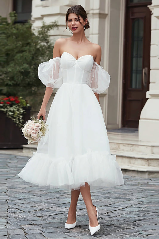 Ivory Tulle A Line Off the Shoulder Midi Wedding Dress