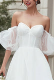 Ivory Tulle A Line Off the Shoulder Midi Wedding Dress