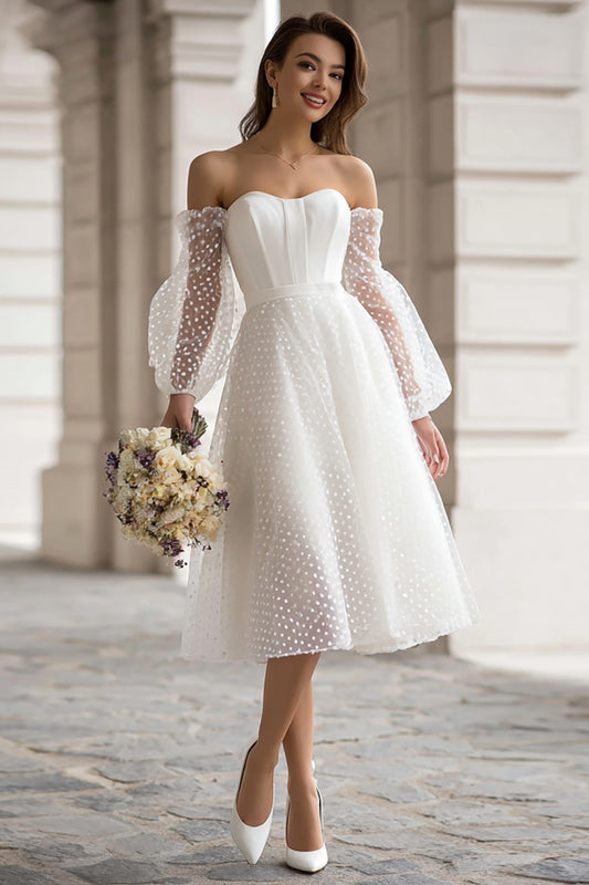 Ivory Off the Shoulder A Line Midi Wedding Dress with Sleeves