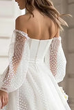 Ivory Off the Shoulder A Line Midi Wedding Dress with Sleeves