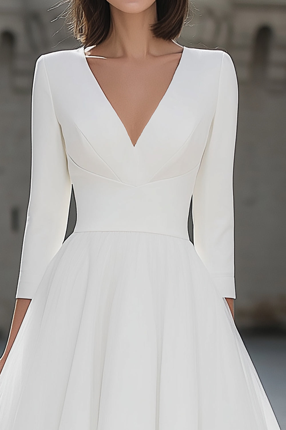 Ivory V-Neck A Line Midi Wedding Dress with Sleeves