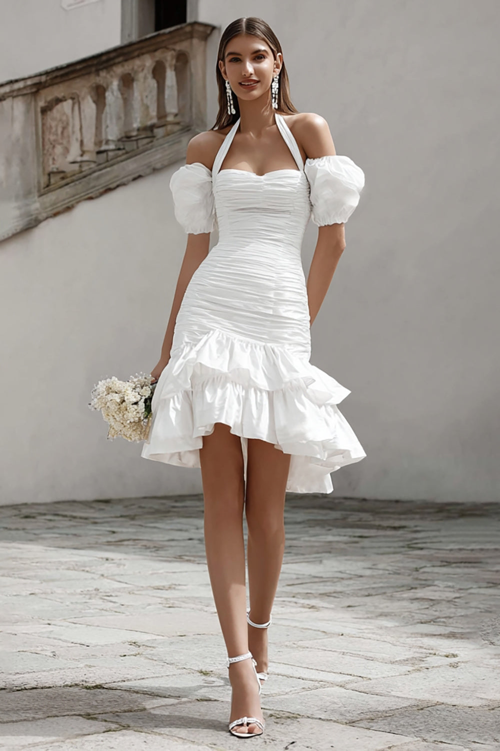 Zapaka Women Ivory Engagement Dress with Ruffles Halter Bodycon Mini Tiered Wedding Reception Dress, Ivory / UK22