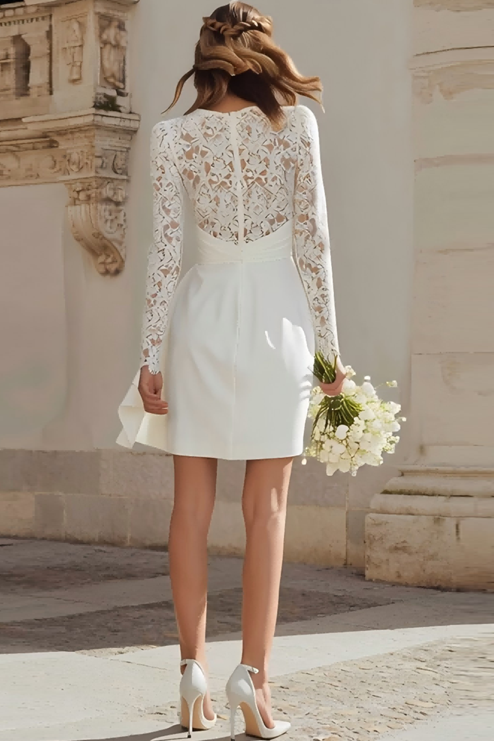 Zapakasa Women Ivory Bodycon Short Wedding Dress Lace Long Sleeves V-Neck Ruched Bachelorette Dress with Sash Zapakasa Women Ivory Bodycon Short Wedding Dress Lace Long Sleeves V-Neck Ruched Bachelorette Dress with Sash