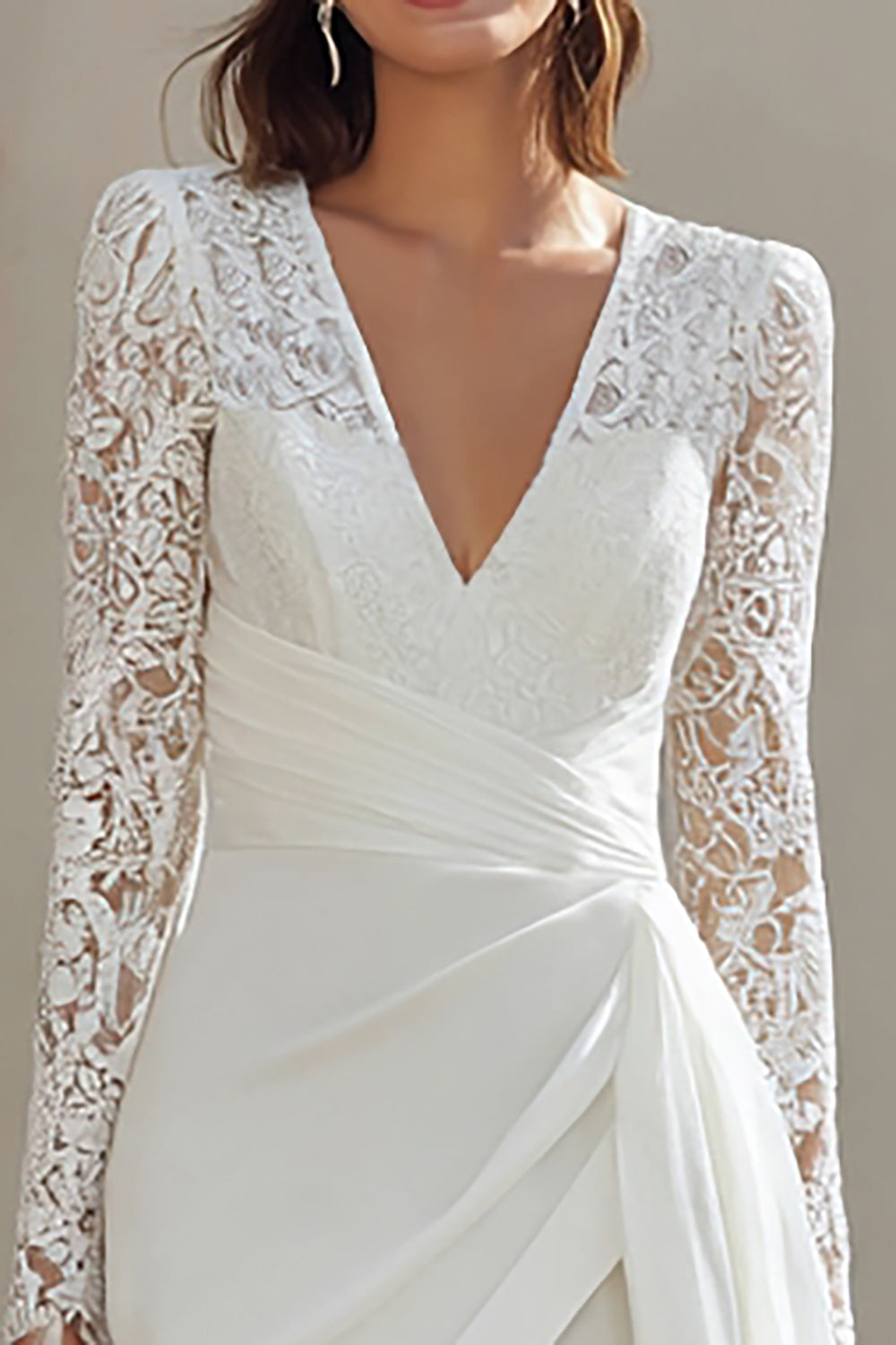 Zapakasa Women Ivory Bodycon Short Wedding Dress Lace Long Sleeves V-Neck Ruched Bachelorette Dress with Sash Zapakasa Women Ivory Bodycon Short Wedding Dress Lace Long Sleeves V-Neck Ruched Bachelorette Dress with Sash