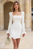 Ivory Satin Square Neck Bodycon Short Bridal Shower Dress with Sleeves