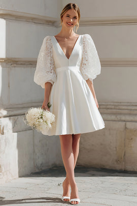 Zapakasa Women Ivory Satin Short Wedding Dress with Lace V-Neck A Line Bridal Shower Dress with Sleeves