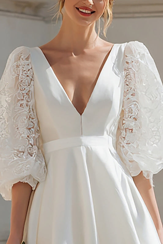 Ivory Satin V-Neck A Line Short Bridal Shower Dress with Lace