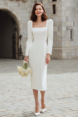 Ivory Bodycon Square Neck Midi Engagement Dress with Sleeves