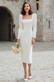 Ivory Bodycon Square Neck Midi Engagement Dress with Sleeves