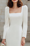 Ivory Bodycon Square Neck Midi Engagement Dress with Sleeves
