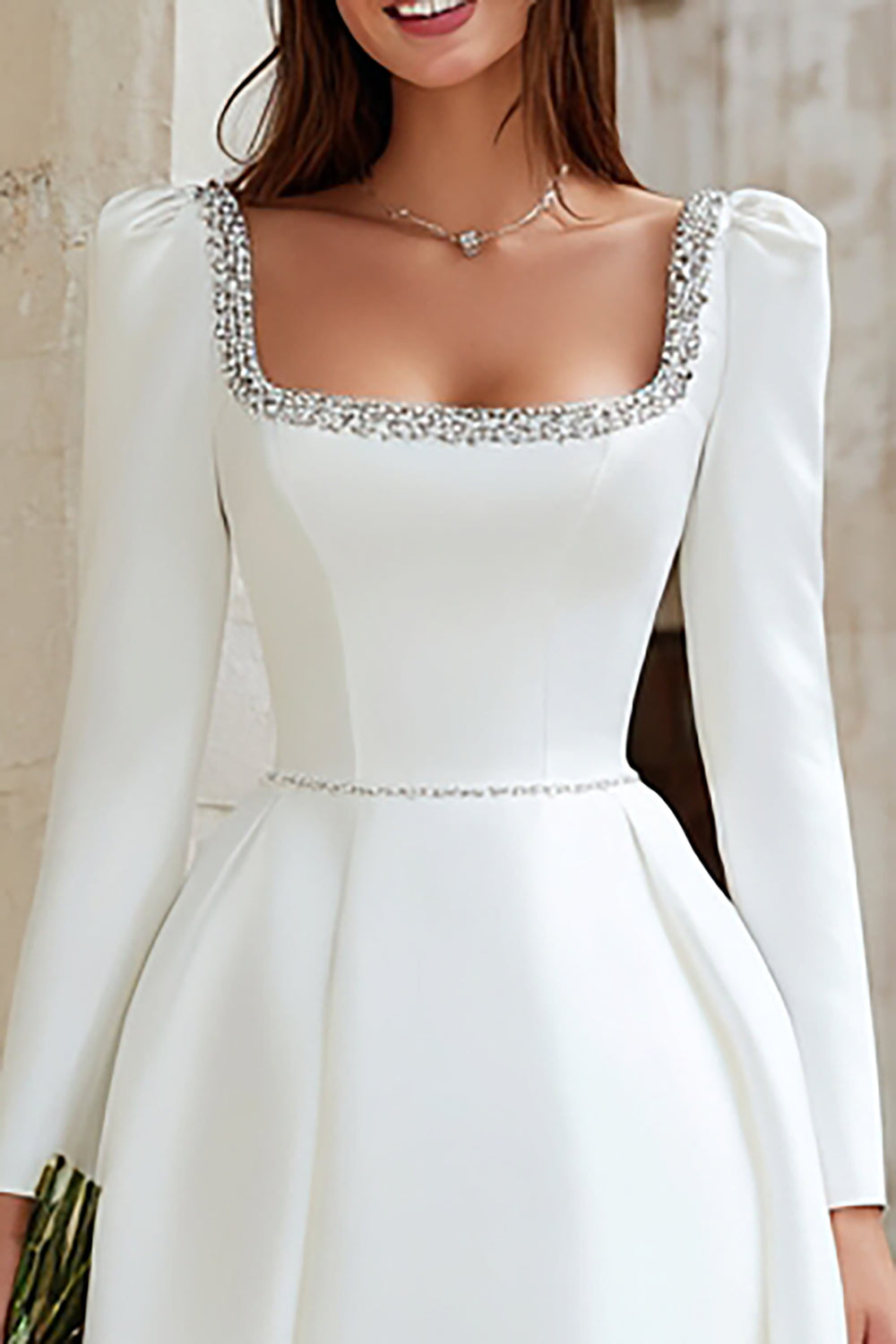 Formal Work Dresses Berylove Women Beaded Ivory Engagement Dress Square Neck Long Sleeve Bridal Shower Dress, Formal Work Dresses Berylove Women Beaded Ivory Engagement Dress Square Neck Long Sleeve Bridal Shower Dress,