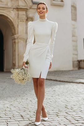 Zapaka Women Bodycon Engagement Dress Ivory High Neck Long Sleeves Split Wedding Reception Dress, Ivory / US22W