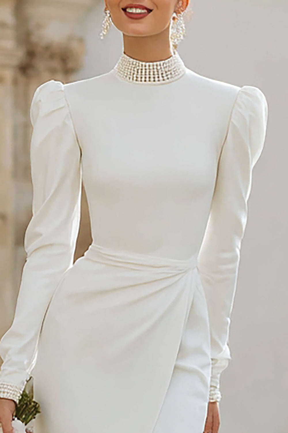 Zapaka Women Bodycon Engagement Dress Ivory High Neck Long Sleeves Split Wedding Reception Dress, Ivory / US22W