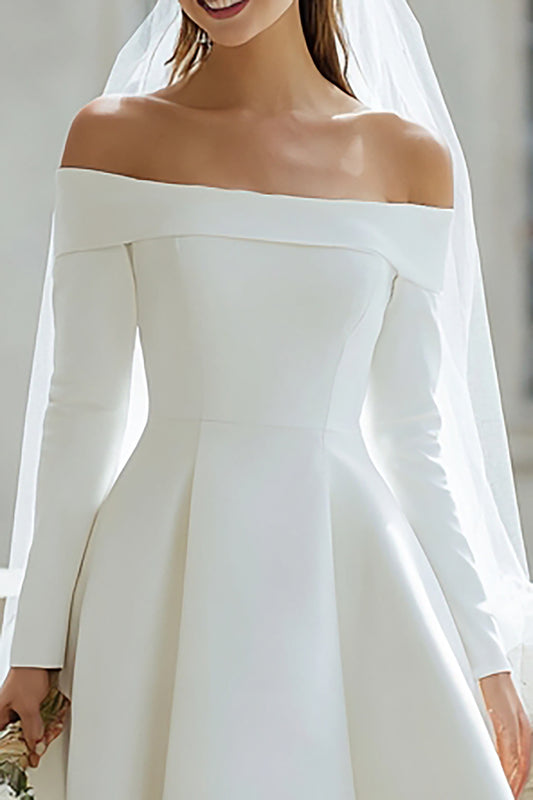 Ivory Off the Shoulder Satin High-Low Wedding Dress with Sleeves