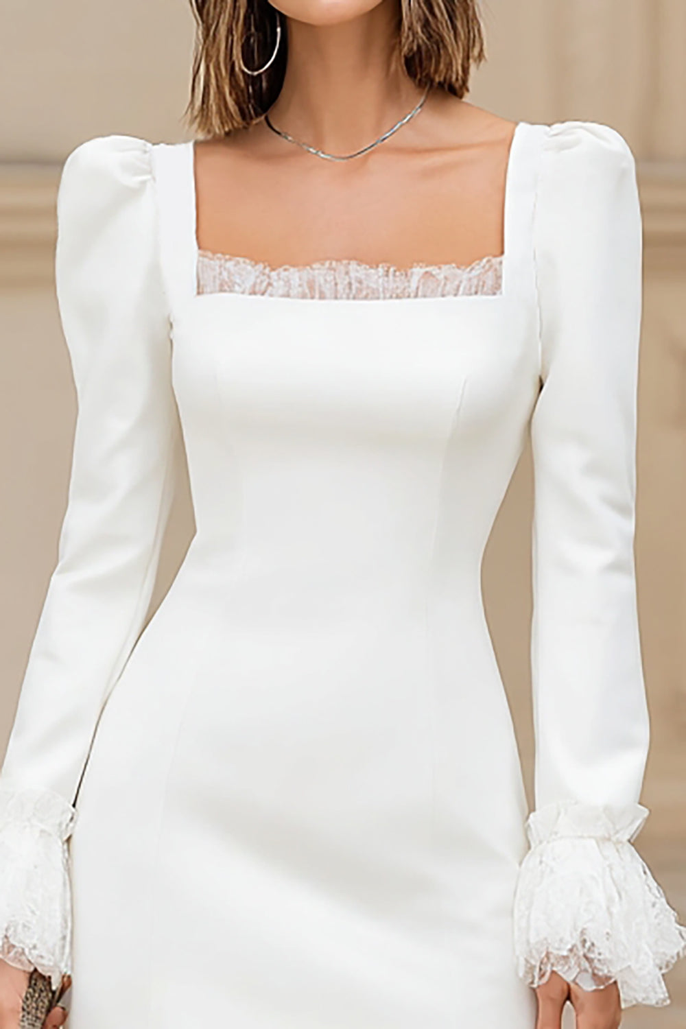 Zapakasa Women Ivory Satin Short Wedding Dress with Lace Square Neck Bodycon Long Sleeves Bridal Shower Dress Zapakasa Women Ivory Satin Short Wedding Dress with Lace Square Neck Bodycon Long Sleeves Bridal Shower Dress