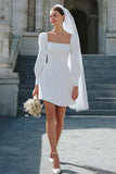 Ivory Satin A Line Short Wedding Dress with Sleeves