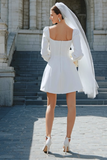 Ivory Satin A Line Short Wedding Dress with Sleeves