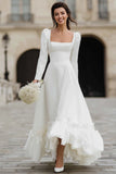 Ivory Satin A Line Ruffled Maxi Engagement Dress with Sleeves