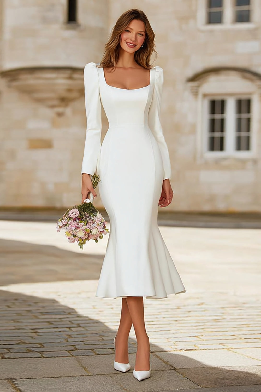 Ivory Square Neck Mermaid Tea Length Engagement Dress with Sleeves