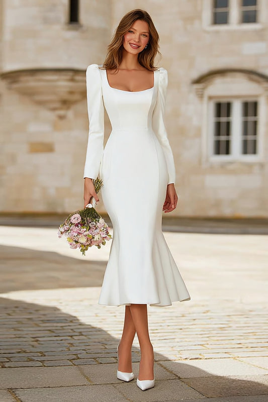 Ivory Square Neck Mermaid Tea Length Engagement Dress with Sleeves