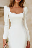 Ivory Square Neck Mermaid Tea Length Engagement Dress with Sleeves