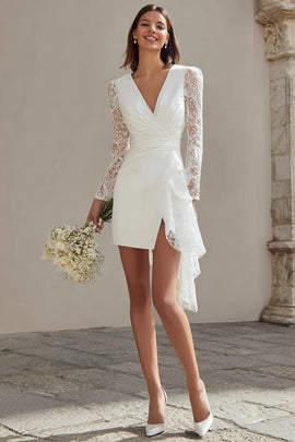 Ivory V-Neck Bodycon Short Bridal Shower Dress with Lace