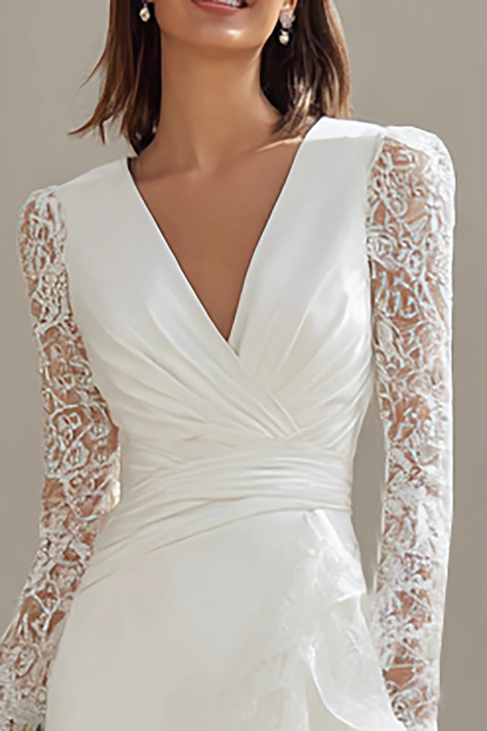 Zapakasa Women Ivory V-Neck Short Wedding Dress with Lace Bodycon Long Sleeves Bridal Shower Dress with Sash Zapakasa Women Ivory V-Neck Short Wedding Dress with Lace Bodycon Long Sleeves Bridal Shower Dress with Sash