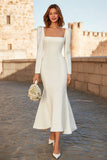Ivory Mermaid Square Neck Tea Length Engagement Dress with Sleeves