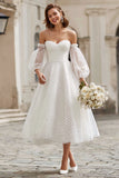 Ivory A Line Tulle Off the Shoulder Midi Wedding Dress