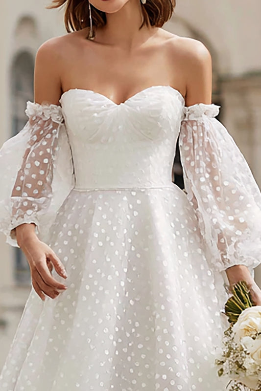 Ivory A Line Tulle Off the Shoulder Midi Wedding Dress