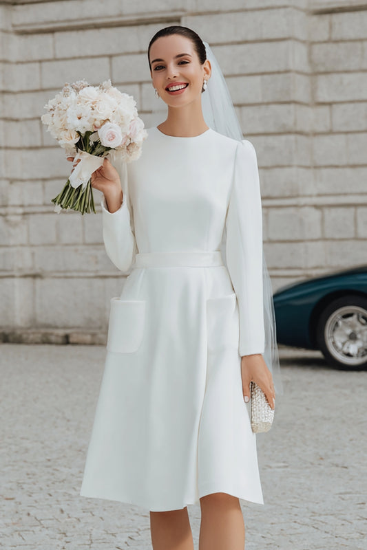Ivory A Line Round Neck Long Sleeves Short Wedding Dress with Pockets