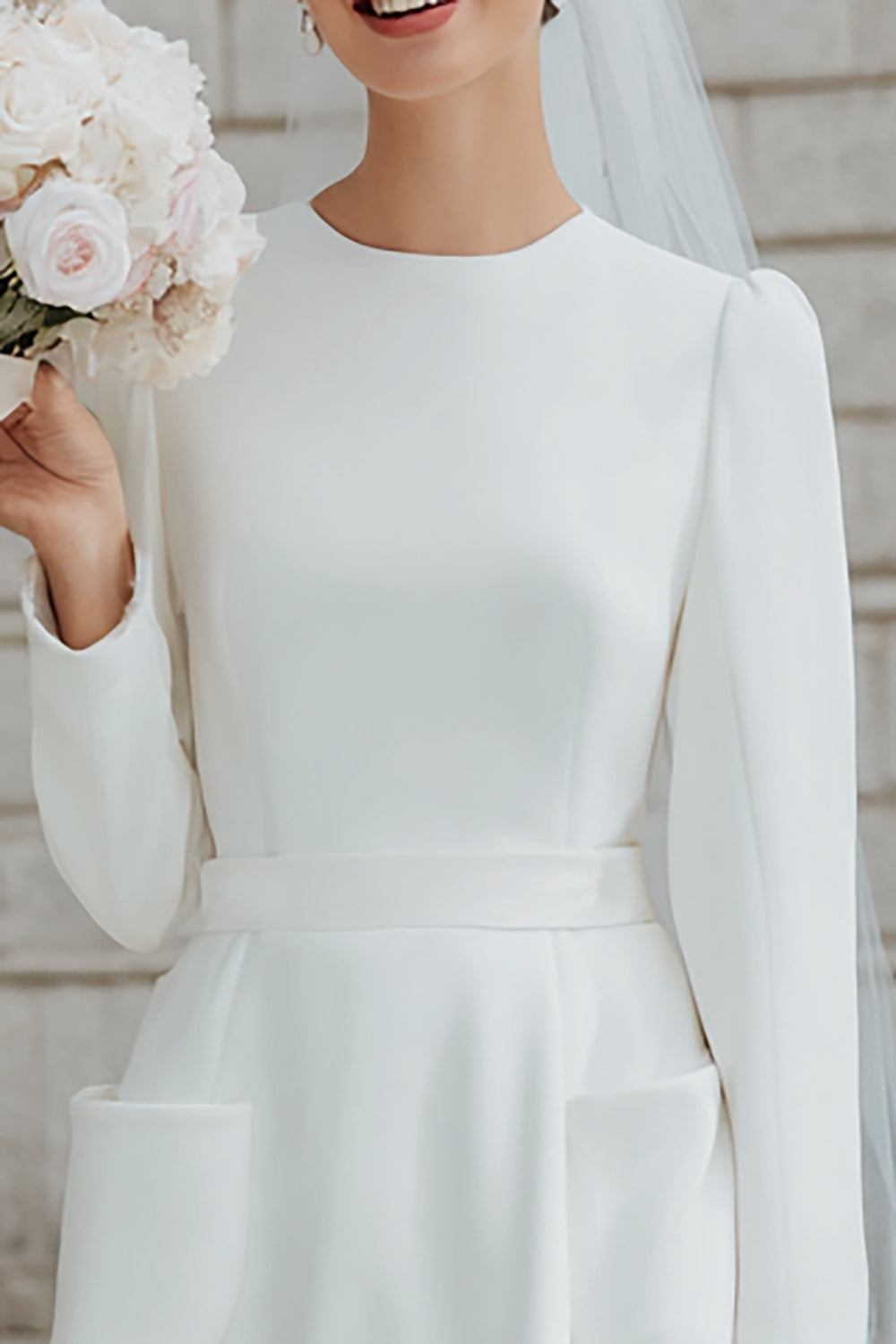 Zapaka Women Ivory Crepe Midi Wedding Dress with Pockets Long Sleeves A Line Crew Neck Bridal Shower Dress, Ivory / US10